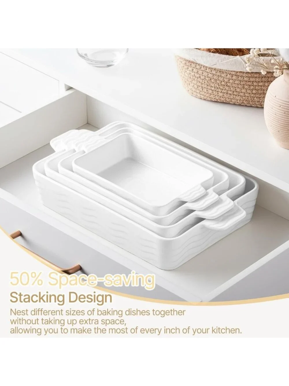 Ceramic Casserole Baking Dishes Set of 4 - Oven Safe, Rectangular, White